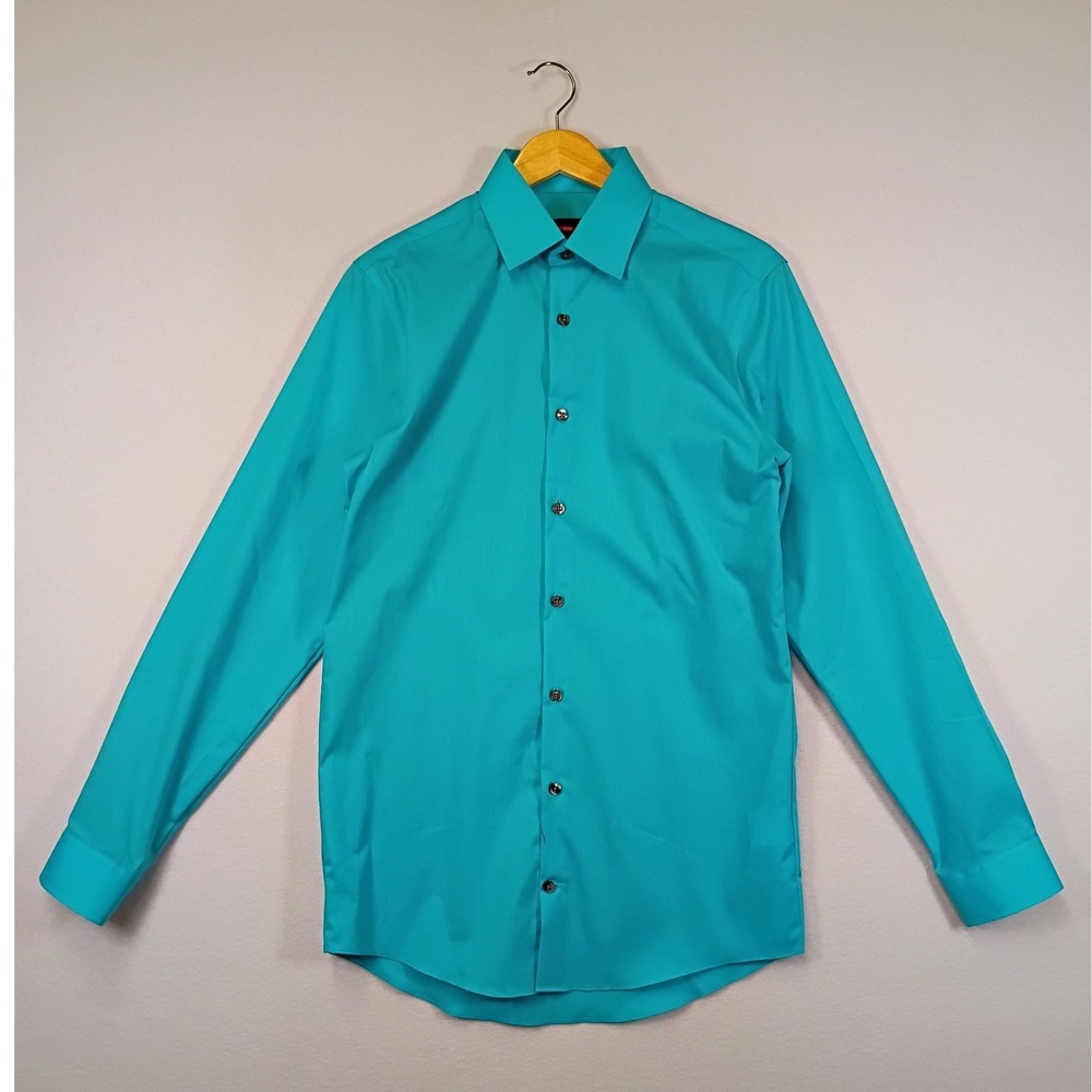 Modern J. Ferrar Mens Small Teal Slim Fit Long Sleeve Button Down Shirt